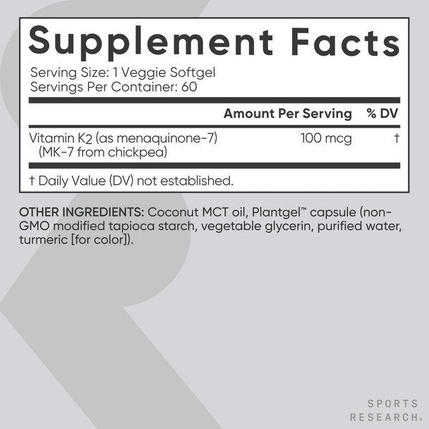 Sports Research Vitamin K2 As Mk-7 100Mcg With Coconut Mct Oil - 60 Veggie Softgels (2 Month Supply) Vegan Certified, Non-Gmo Verified, Gluten & Soy - Citrus Aroma Sports Research Vitamin K2 As Mk-7 100Mcg With Coconut Mct Oil - 60 Veggie Softgels (2 Month Supply) Vegan Certified, Non-Gmo Verified, Gluten & Soy - Citrus Aroma