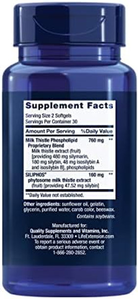 Life Extension Advanced Milk Thistle, Silymarin, Silybin, Phospholipids, Promotes Healthy Liver Function, Gluten-Free, Non-Gmo, 60 Softgels