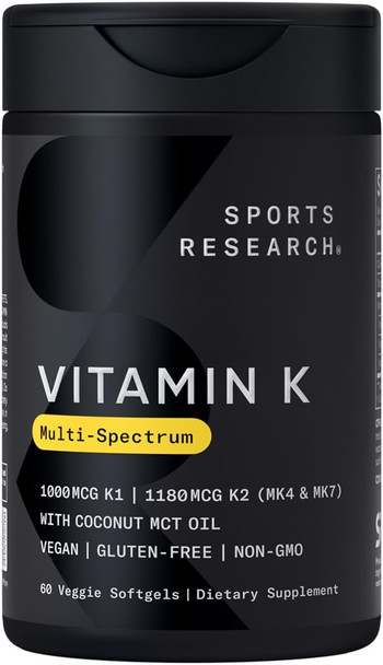 Sports Research Vitamin K Multi-Spectrum - Three Types Of Vitamin K: K1, K2 Mk-4 & K2 Mk-7 - Vegan Friendly, Plantgel Capsule - 60 Softgels