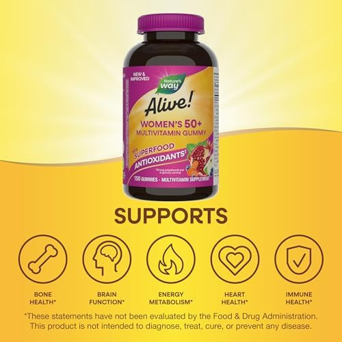 Nature'S Way Alive Women’S 50+ Daily Gummy Multivitamins, Supports Multiple Body Systems, Supports Healthy Heart, Brain & Bones, B-Vitamins, Mixed Berry Flavored, 130 Gummies (Packaging May Vary)
