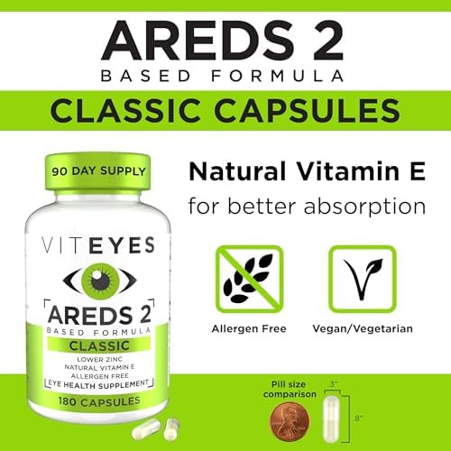 Viteyes Areds 2 Eye Vitamins, Classic Macular Support, Allergen Capsules, With Natural Vitamin E, Vitamin C, Zinc, Copper, Lutein & Zeaxanthin, Eye Doctor Trusted, Manufactured In The Usa, 180 Ct