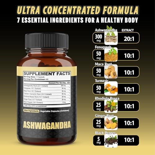 2 Packs 60 Capsules - 8050Mg Ashwagandha Extract Supplement - 7In1 With Fenugreek, Maca, Turmeric, Rhodiola, Ginger & Black Pepper - Spirit, Immune & Energy Support - 4 Month Supply