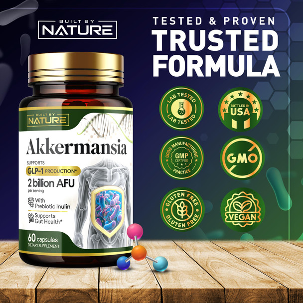 Built by Nature Akkermansia Muciniphila Probiotic Supplement – 2 Billion AFU - Supports GLP-1, Immune & Digestive Gut Health - 60 Delayed Release Capsules