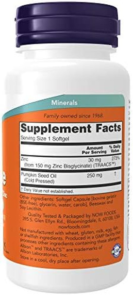 Now Foods Supplements, Zinc Glycinate With 250 Mg Pumpkin Seed Oil, Supports Prostate Health, 120 Softgels (Packaging May Vary)