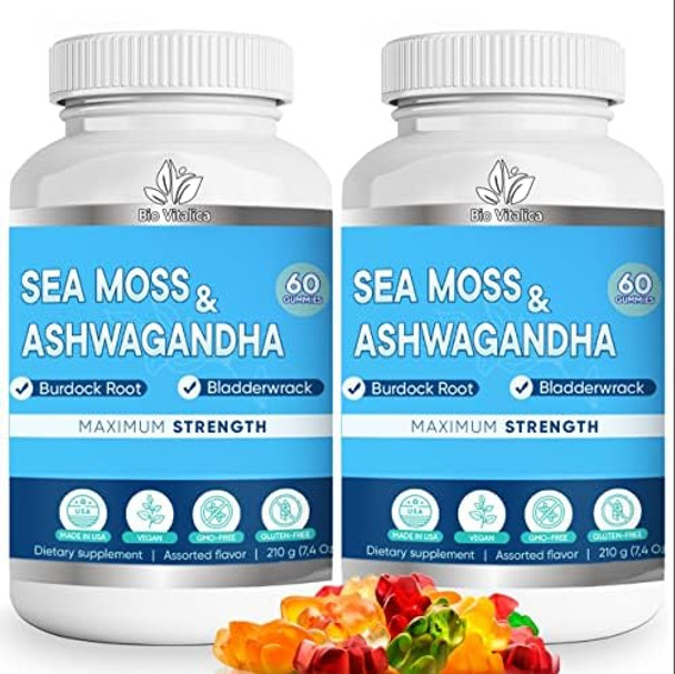 Sea Moss Ashwagandha Gummies - Organic Irish Seamoss & Ashwa Root Powder Supplements For Supporting Energy & Immunity For Men And Women