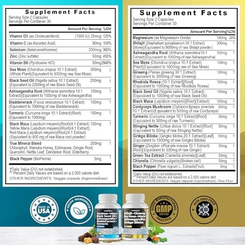 Pure Himalayan Shilajit Supplement 10,000Mg Sea Moss 2,000Mg Ashwagandha 6,000Mg Bladderwrack 1000Mg Gingko Biloba 500Mg Organic Capsules & Trace Mineral For Men And Women – Made In Usa