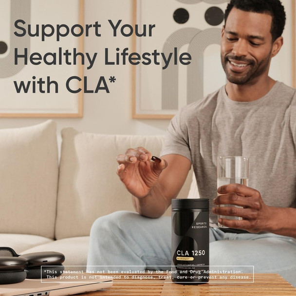 Sports Research Cla - 1250Mg With Active Conjugated Linoleic Acid For Men And Women  Non-Gmo, Soy & Gluten - 95% (180 Softgels)…