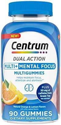 Centrum Multigummies Multi+ Dual Action Mental Focus Adult Multivitamin With Caffeine From Green Tea, Supports Mental Focus, Attention And Alertness, Lemon/Orange Flavors - 90 Count