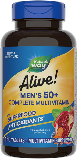 Nature’S Way Alive Men’S 50+ Complete Multivitamin, Supports Multiple Body Systems, Supports Cellular Energy, High Potency B-Vitamins, Gluten-Free, 130 Tablets