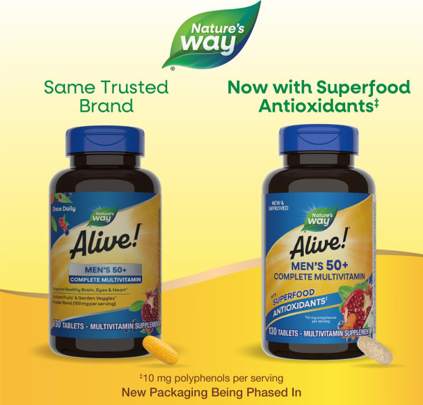 Nature’S Way Alive Men’S 50+ Complete Multivitamin, Supports Multiple Body Systems, Supports Cellular Energy, High Potency B-Vitamins, Gluten-Free, 130 Tablets