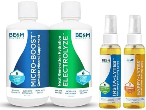Beam Minerals Micro-Boost Humic Mineral Blend & Electrolyze Liquid And Insta-Lytes Natural Liquid Electrolytes 2Oz And Happy-Lytes Fluvic Electrolyte Misting Spray 2Oz