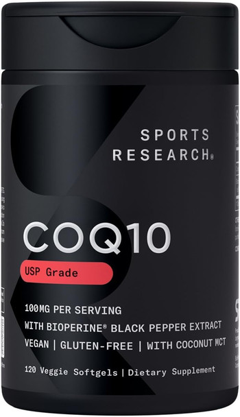 Sports Research Coq10 (100Mg) Enhanced W/Coconut Oil & Bioperine (Black Pepper) For Better Absorption  Vegan Certified, Non-Gmo Verified (120 Veggie Softgels)