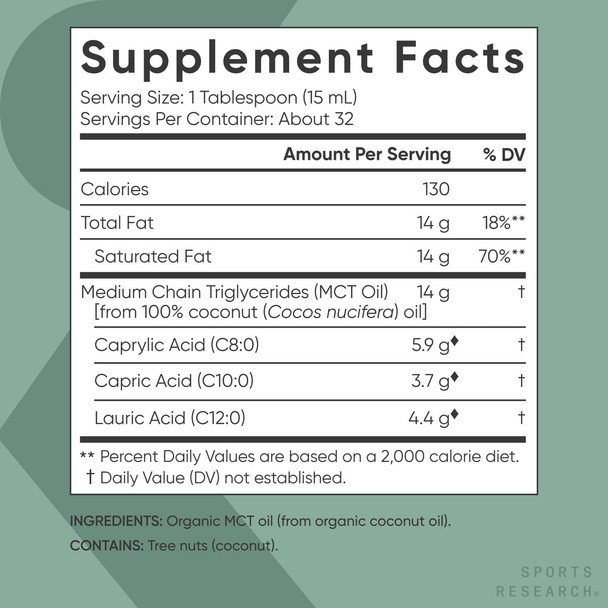Sports Research Organic Mct Oil - Keto & Vegan Mcts C8, C10, C12 From Coconuts - Fatty Acid Brain & Body Fuel, Flavorless, Non-Gmo & Gluten - Perfect In Coffee, Tea & Protein Shakes - 16 Oz