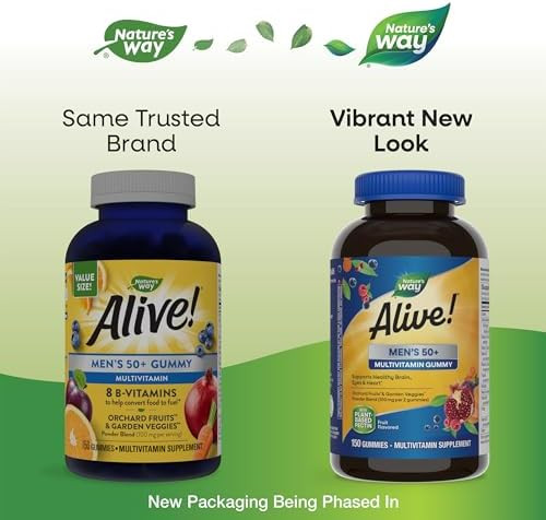 Nature'S Way Alive Men’S 50+ Daily Gummy Multivitamins, Supports Healthy Brain, Eyes, Heart, B-Vitamins, Gluten-Free, Vegetarian, Fruit Flavored, 60 Gummies (Packaging May Vary)