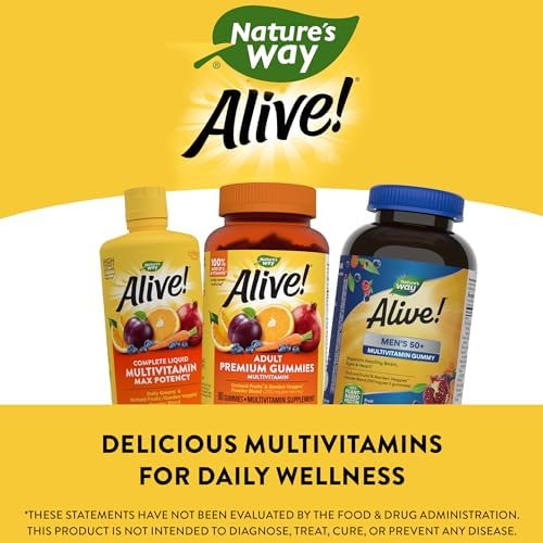 Nature'S Way Alive Men’S 50+ Daily Gummy Multivitamins, Supports Healthy Brain, Eyes, Heart, B-Vitamins, Gluten-Free, Vegetarian, Fruit Flavored, 60 Gummies (Packaging May Vary)