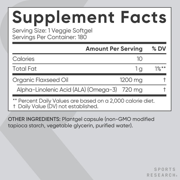 Sports Research Vegan Flaxseed Oil (1200Mg) Herbal Supplement With Plant-Based Ala Omega 3 - Vegan Certified & Non-Gmo Verified - Gluten, Soy & Carrageenan (180 Veggie Softgels)