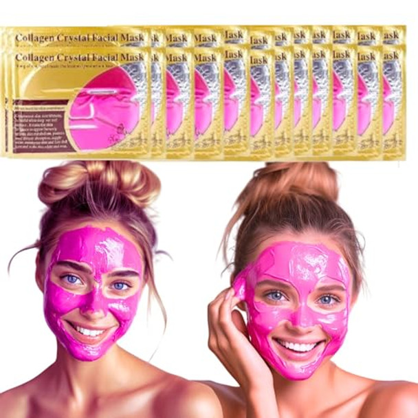 Collagen Face Sheet Mask - Collagen Anti-Aging Korean Face Sheet Mask For All Skin Types - 15 Sheets Of Luxury With Collagen & 24K Gold - For Mom, Girlfriend, Or Wife (24K-Pink)