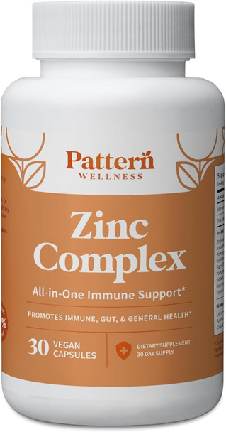 Pattern Wellness Zinc Complex Supplement - High Absorption Zinc Supplement With Vitamin C, Probiotics, And Other Plant-Based Ingredients - All-In-One Immune Support - 3Rd Party Lab - 30 Vegan Capsules