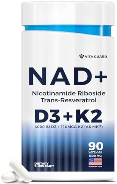 Nad Supplement With Vitamin D3 And K2 (As Mk7) - Nmn Supplement Alternative - Nicotinamide Riboside, Trans-Resveratrol For Anti-Aging, Energy - Vegetarian 60 Capsules, 1300Mg