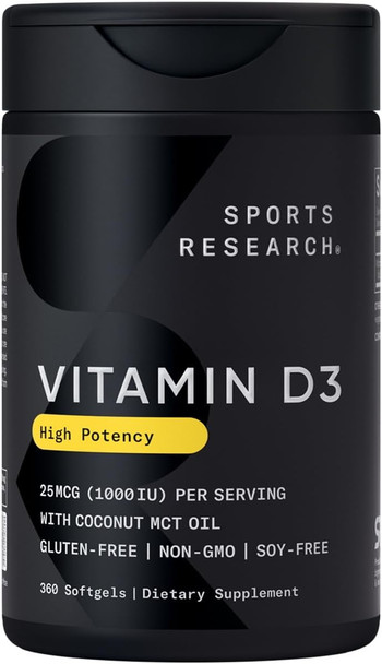Sports Research Vitamin D3 1000 Iu With Coconut Mct Oil - High Potency Vitamin D Supplement For Immune & Bone Support - Non-Gmo Verified, Gluten & Soy - 25 Mcg (360 Liquid Softgels)