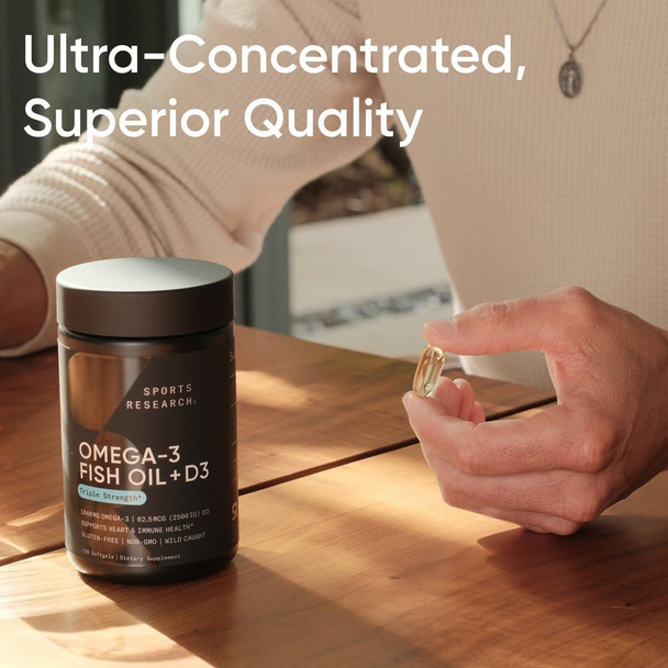Sports Research Triple Strength 1040Mg Omega-3 From Wild Alaska Pollock With Vitamin D3 2500Iu  2-In-1 Vitamin D & Omega Dha Fish Oil Supplement Supporting Heart Health - 120 Softgels