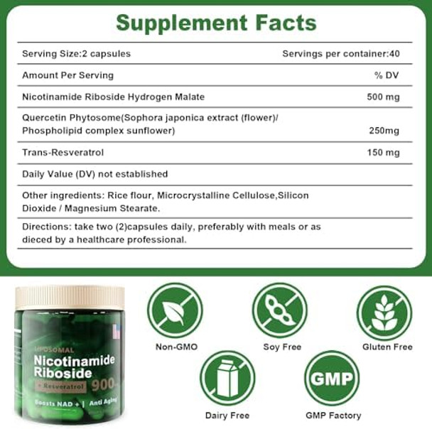 Nicotinamide Riboside, Liposomal Nicotinamide Riboside 900 Mg, Nad+ Supplement With Resveratrol, Nicotinamide Riboside Resveratrol, Supplement Booster Support For Energy, Focus - 80 Capsules