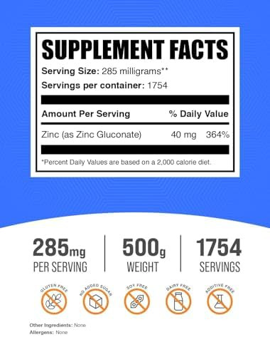 Bulksupplements.Com Zinc Gluconate Powder - Zinc 40Mg, Zinc Powder - Zinc Supplement For Immune Support - Gluten Free, 285Mg Per Serving, 500G (1.1 Lbs) (Pack Of 1)