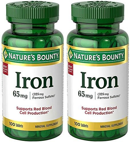 Nature'S Bounty Iron 65Mg, 325 Mg Ferrous Sulfate, Cellular Energy Support, Promotes Normal Red Blood Cell Production, 100 Tablets
