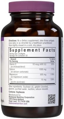 Bluebonnet Nutrition Calcium Magnesium Zinc Plus Vitamin D3, 1000 Mg Of Calcium, 500 Mg Of Magnesium And 15 Mg Of Zinc, 400Iu Vitamin D3, For Strong Healthy Bones, Gluten-Free, Dairy-Fee, 120 Softgel