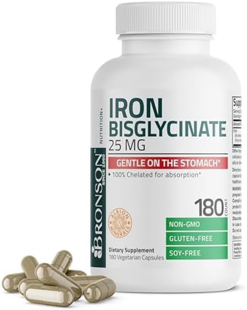 Bronson Iron Bisglycinate 25 Mg Gentle On The Stomach, Supports Energy & Healthy Red Blood Cell Production - Non-Constipating Formula - Non Gmo, 90 Vegetarian Capsules