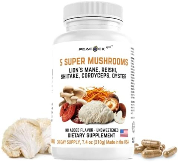 5 Mushrooms Supplement, 180 Count – Lion'S Mane, Reishi, Shiitake, Cordyceps, Oyster Immune & Brain Supplement For Memory And Focus, Dietary Supplement For Energy