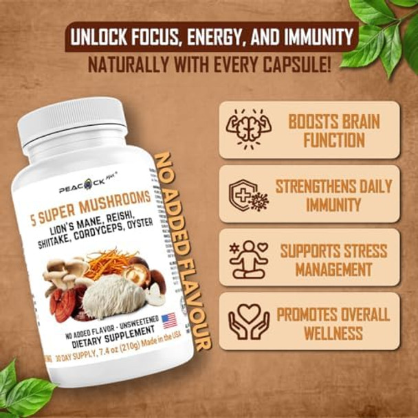 5 Mushrooms Supplement, 180 Count – Lion'S Mane, Reishi, Shiitake, Cordyceps, Oyster Immune & Brain Supplement For Memory And Focus, Dietary Supplement For Energy