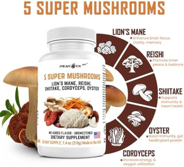 5 Mushrooms Supplement, 180 Count – Lion'S Mane, Reishi, Shiitake, Cordyceps, Oyster Immune & Brain Supplement For Memory And Focus, Dietary Supplement For Energy