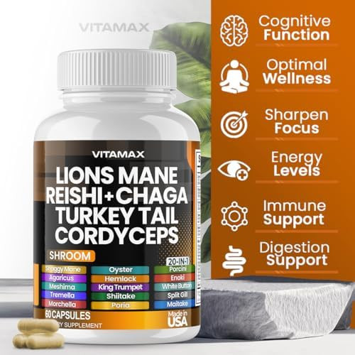 Lions Mane Mushroom 3000Mg Turkey Tail 2000Mg Chaga & Reishi 1000Mg Cordyceps Shiitake White Elm King Trumpet Nameko Oyster Porcini Focus & Energy - Made In Usa - 2-Pack (120Ct)