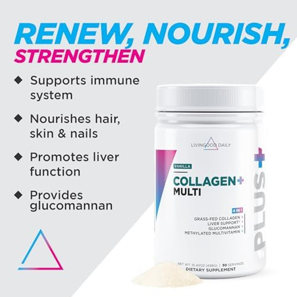 Livingood Daily Collagen Powder For Women & Men (Vanilla) - Grass-Fed Hydrolyzed Collagen Peptides, Protein & Multivitamins For Healthy Hair, Skin & Nails - Keto & Paleo, Gluten - 30 Servings