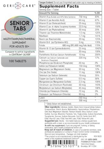 Gericare Senior Tab 50+ Multivitamin And Minerals Tablets - Immune Support - Age-Defying Nutrition, 100 Count (Pack Of 2)