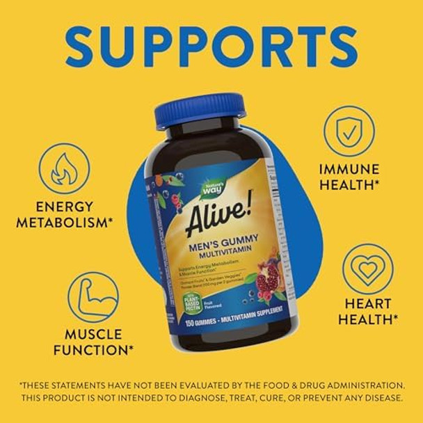 Nature'S Way Alive Men'S Daily Gummy Multivitamin, Supports Energy Metabolism & Muscle Function, B-Vitamins, Gluten-Free, Vegetarian, Fruit Flavored, 150 Gummies (Packaging May Vary)