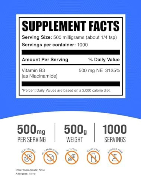 Bulksupplements.Com Niacinamide Powder - Niacinamide Supplement, Vitamin B3 Supplement, Niacinamide 500Mg - B3 Vitamins For Skin Health, Pure & Gluten - 500Mg Per Serving, 250G (8.8 Oz)