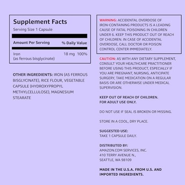 Elements Iron 18Mg Capsules, Supports Red Blood Cell Production, Vegan, 195 Count, 6 Month Supply (Packaging May Vary)