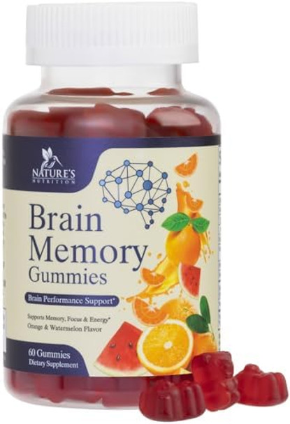 Brain Supplement Gummy For Memory, Focus & Concentration Support Gummies Plus Nootropics, Phosphatidylserine & Vitamins B6 B12, Caffeine Nootropic For Mental Cognitive Brain Health - 60 Gummies