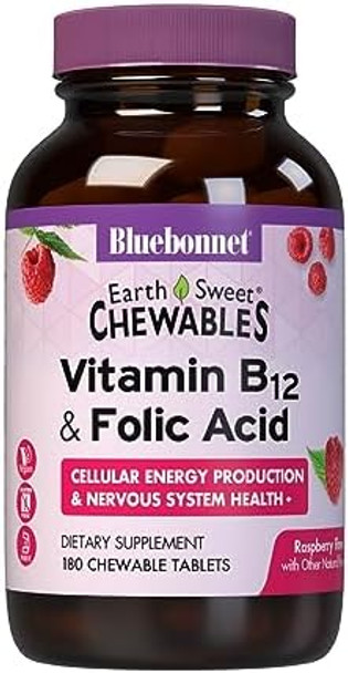 Bluebonnet Nutrition Earth Sweet Vitamin B12 & Folic Acid Chewable Tablets, Cream Raspberry 180 Count (Pack Of 1)