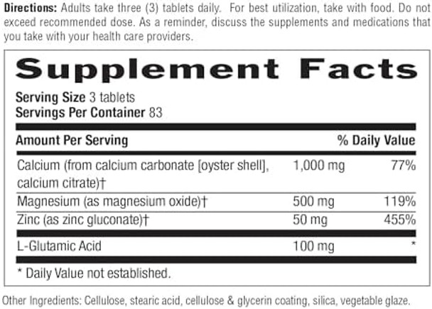 Country Life Calcium Magnesium Zinc With Vitamin D3 And L-Glutamic Acid, Dietary Supplement For Bone Support, Certified Gluten Free, 1000Mg/500Mg/50Mg, 250 Tablets