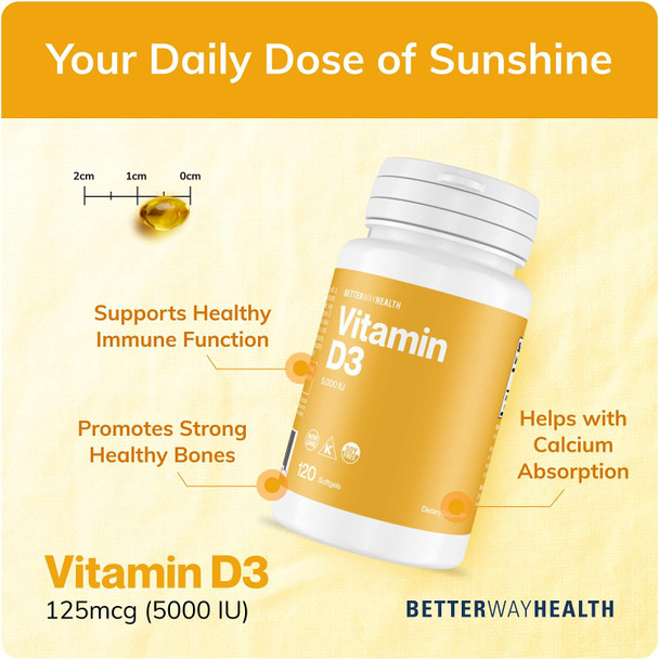 Better Way Health Vitamin D3-5,000 Iu Softgel - High Potency Formula, Supports Bone Health & Immune System - 120 Softgels Of Vitamin D3 - Non-Gmo, Dairy Free