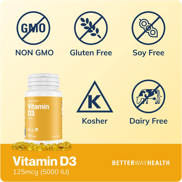 Better Way Health Vitamin D3-5,000 Iu Softgel - High Potency Formula, Supports Bone Health & Immune System - 120 Softgels Of Vitamin D3 - Non-Gmo, Dairy Free
