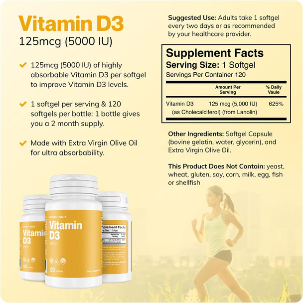 Better Way Health Vitamin D3-5,000 Iu Softgel - High Potency Formula, Supports Bone Health & Immune System - 120 Softgels Of Vitamin D3 - Non-Gmo, Dairy Free