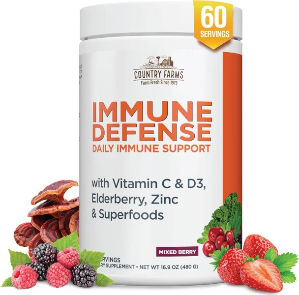 Country Farms Immune Defense Superfoods Immune Support Supplement Vitamin C with Black Elderberry Echinacea Turmeric Supports Hydration with Probiotics and Prebiotics Berry Flavor 60 Servings