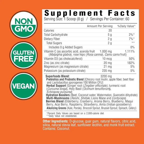 Country Farms Immune Defense Superfoods Immune Support Supplement Vitamin C with Black Elderberry Echinacea Turmeric Supports Hydration with Probiotics and Prebiotics Berry Flavor 60 Servings