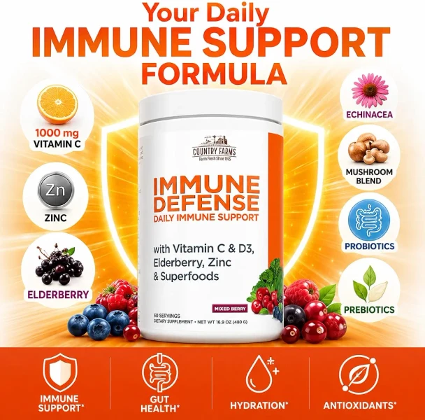 Country Farms Immune Defense Superfoods Immune Support Supplement Vitamin C with Black Elderberry Echinacea Turmeric Supports Hydration with Probiotics and Prebiotics Berry Flavor 60 Servings