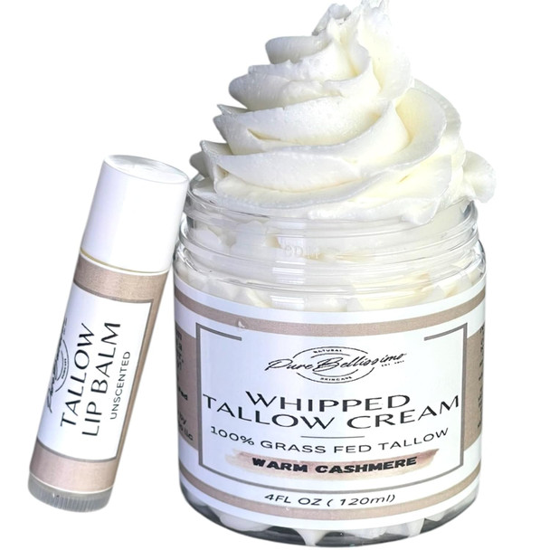 Beef Tallow For Skin Care - Whipped Beef Tallow For Face And Body With Tallow Lip Balm Set - Natural Greassfed Beef Tallow Moisturizer For Sensative Skin- Warm Cashmere Scent