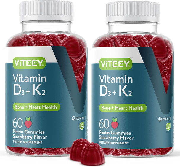 Vitamin D3 K2 Gummies - 1000 Iu Vitamin D3 And K2 100Mcg - Bone & Heart Health For Adults And Teens - Vegetarian, Gelatin Free, Gmo - Tasty Chewable D3K2 Vitamins Strawberry Flavored Gummy